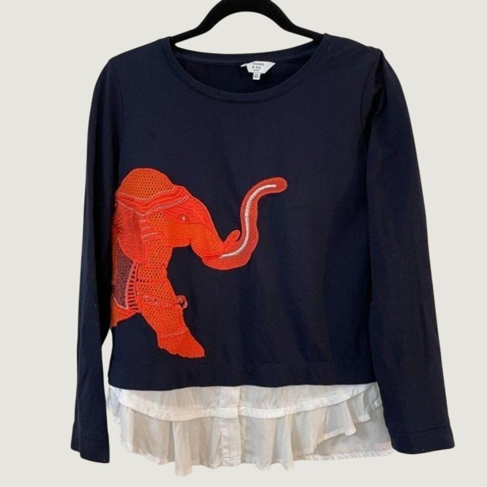 Crown‎ & Ivy Petite Navy Blue Elephant Crochet Applique Ruffle Hem Top PM